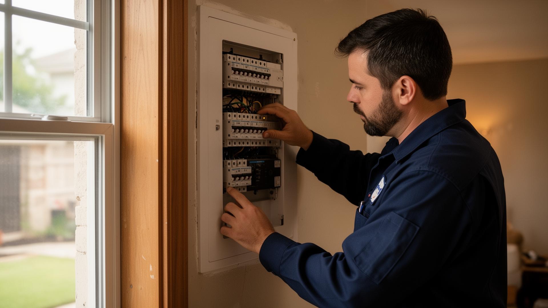 Praman Power electrician installing a residential service panel in San Antonio